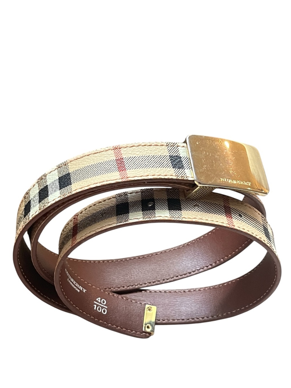 Burberry London Classic Nova Check Plaid Leather Belt Gold-Tone Buckle Italy 40”
